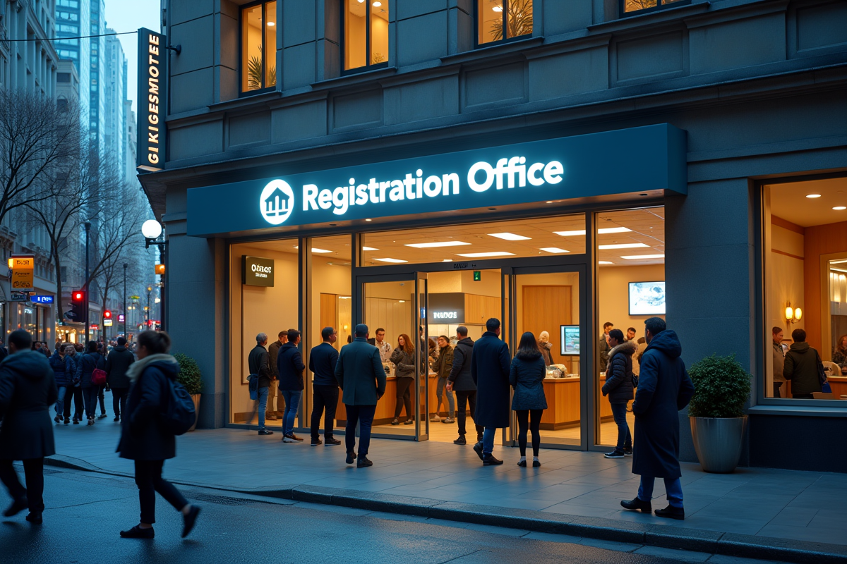 Façade d’un bureau d’enregistrement avec des personnes entrant dans un environnement urbain