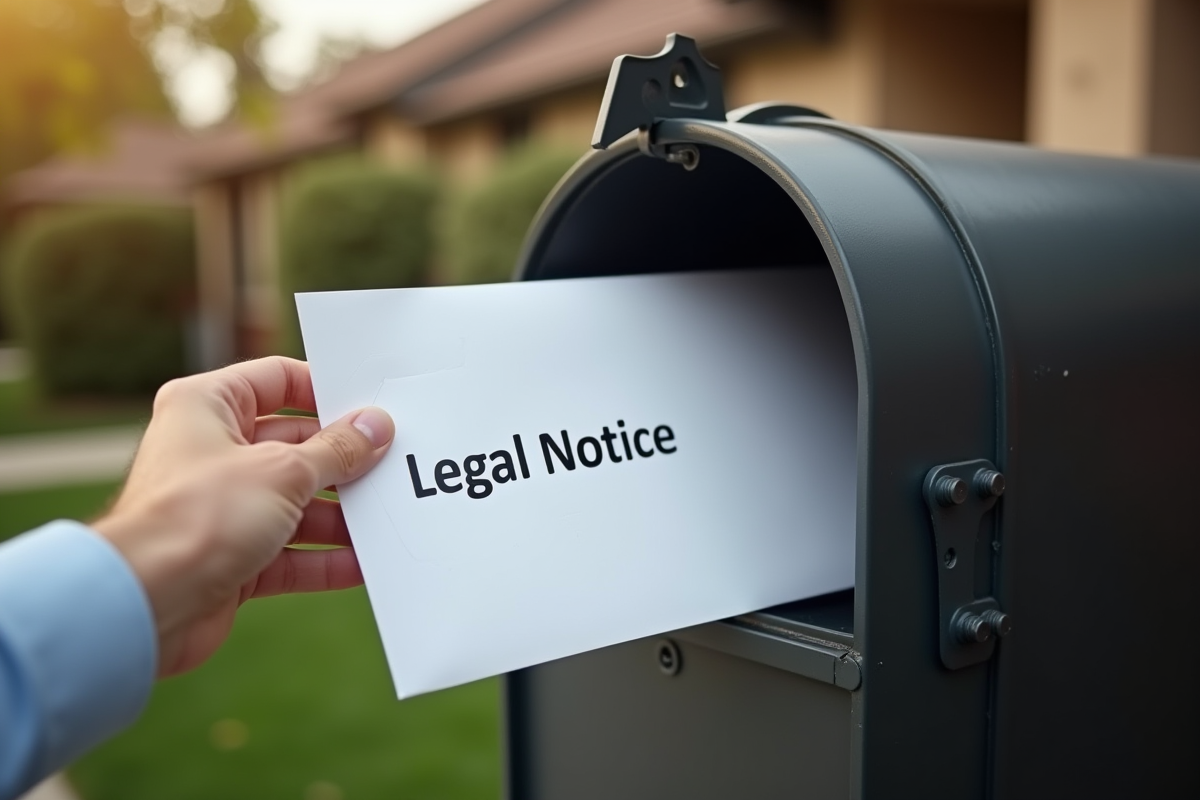 Main déposant une enveloppe legal dans une boîte aux lettres extérieure