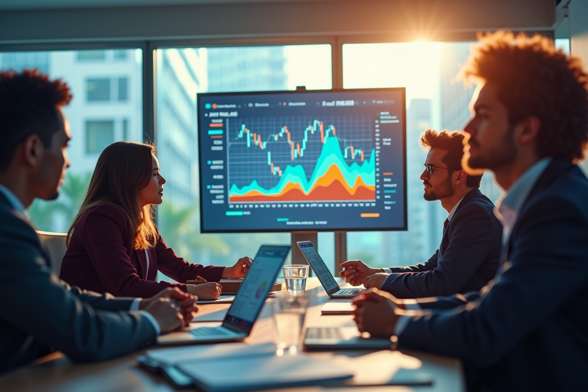Groupe de professionnels analysant un écran financier en réunion