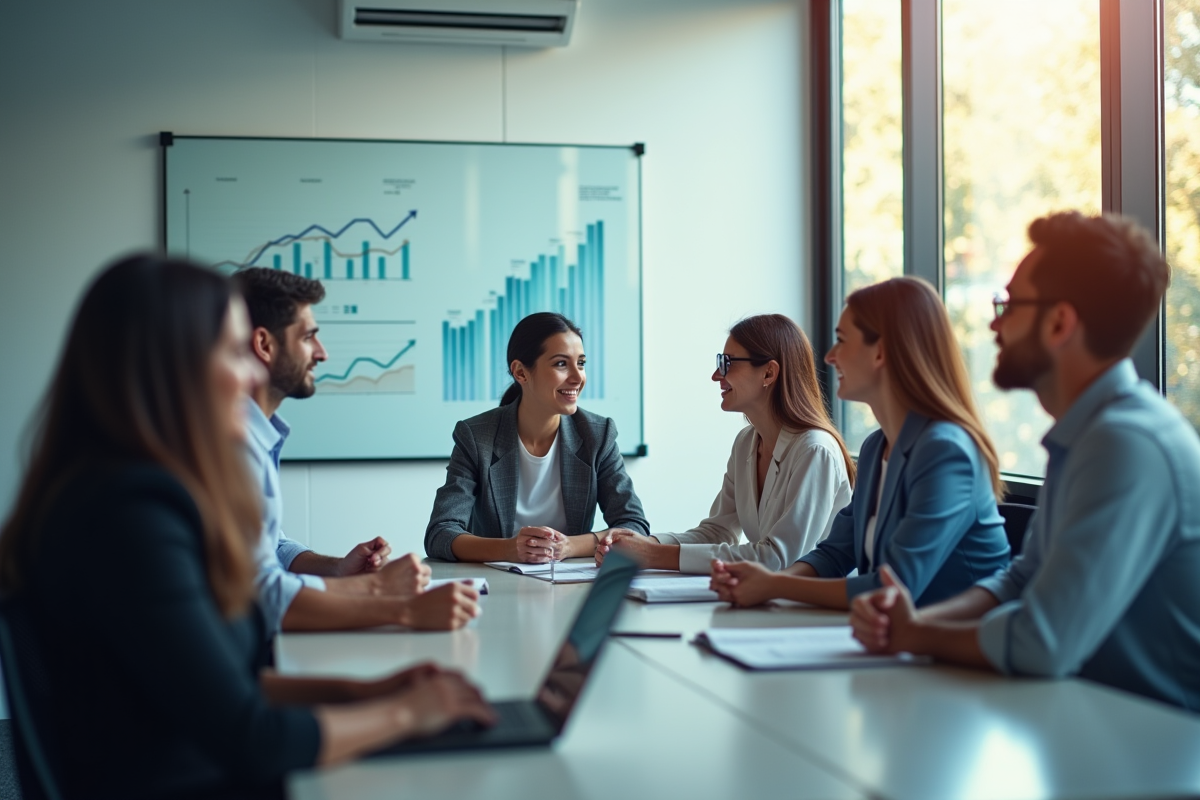 Groupe de professionnels discutant de données et graphiques en réunion