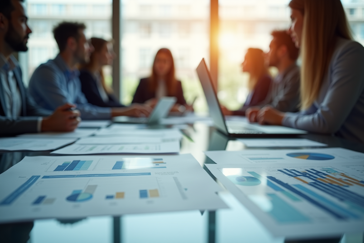 Equipe de professionnels en réunion dans un bureau lumineux