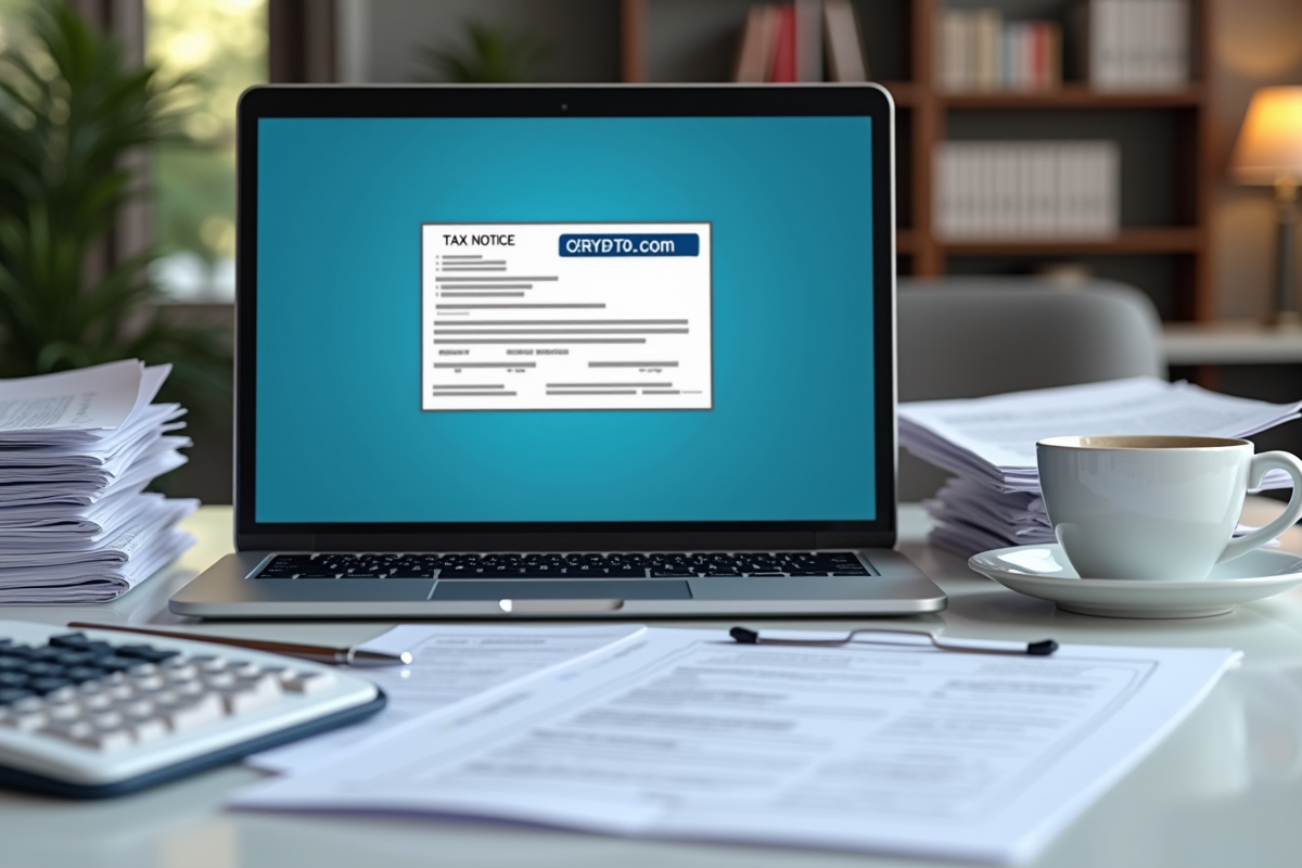 Espace de travail avec ordinateur affichant un avis fiscal Crypto com et tasse de café