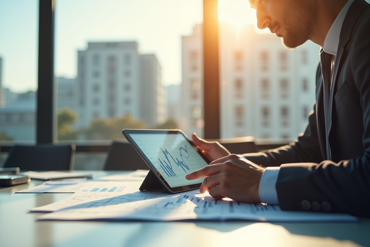 Cadre d'affaires dans un bureau lumineux avec graphiques en baisse