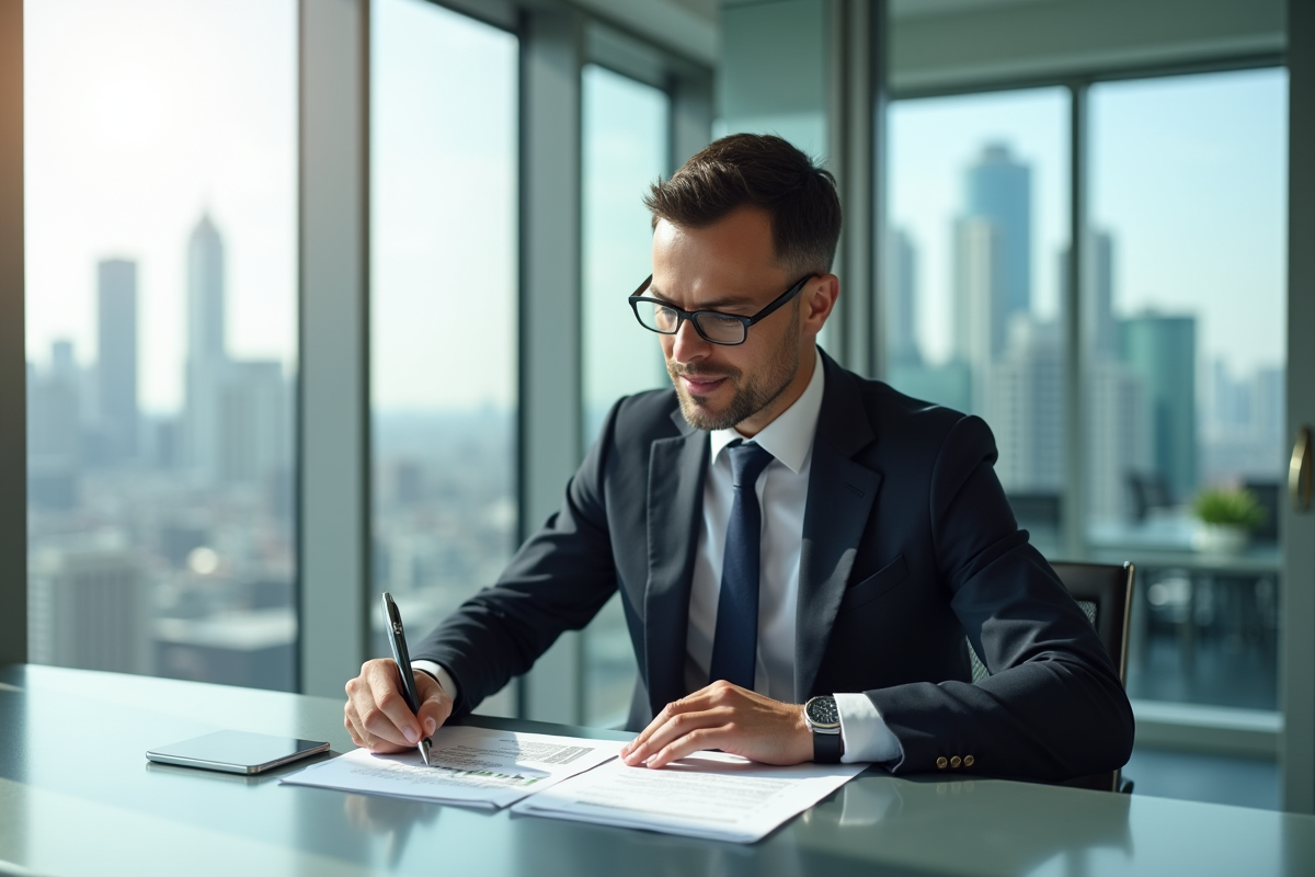 Cadre confiant examinant des documents financiers dans un bureau moderne