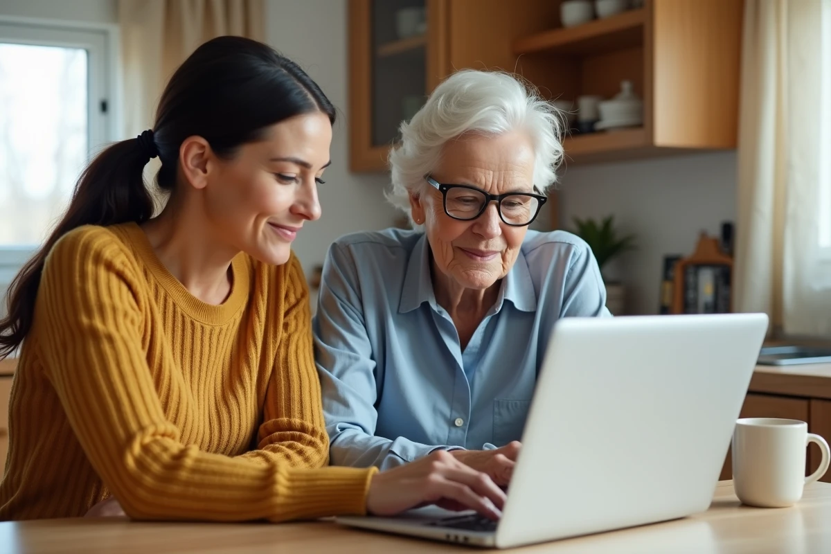 Une femme adulte et sa mère âgée consultent ensemble un ordinateur portable sur les bénéficiaires d'une assurance vie en famille