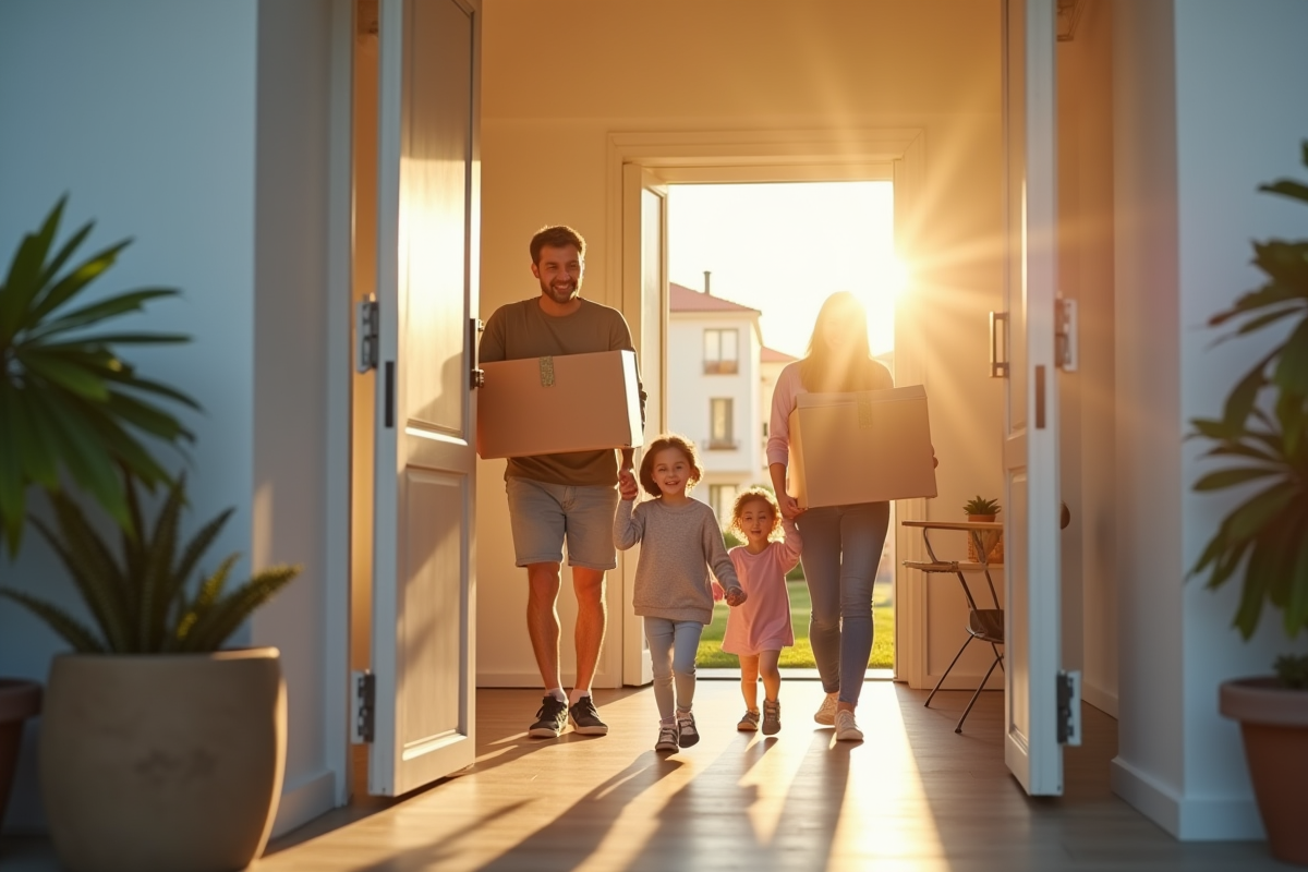 Famille portant des cartons dans un immeuble ensoleille