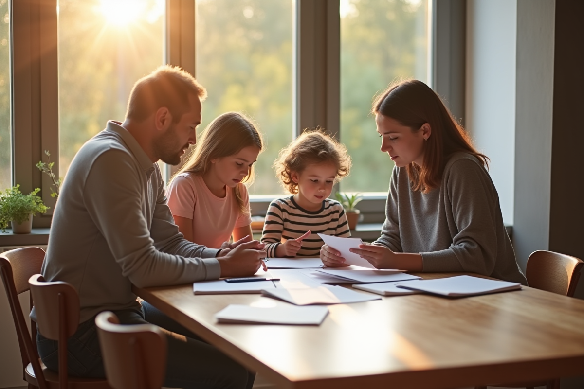 Famille de trois générations discutant à une table ensoleillée