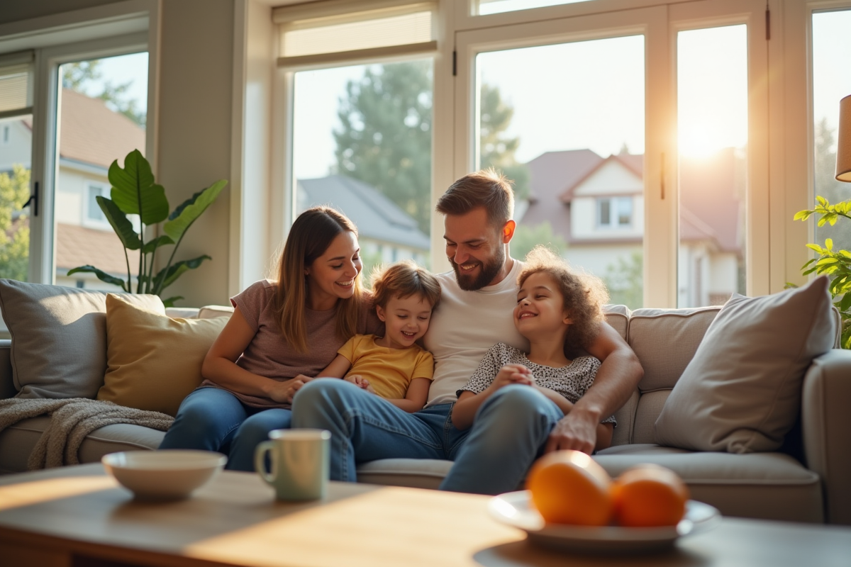 Famille heureuse dans un salon lumineux et moderne
