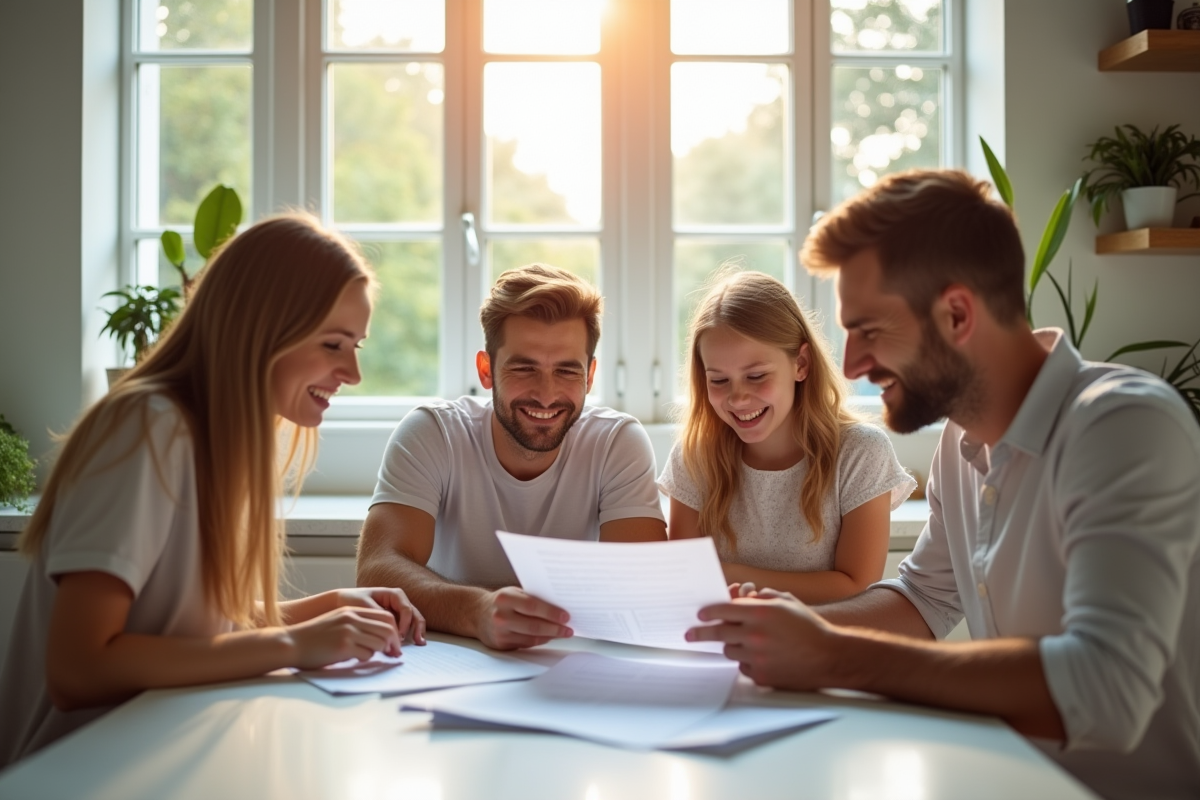 Famille souriante vérifiant documents d'assurance à la maison