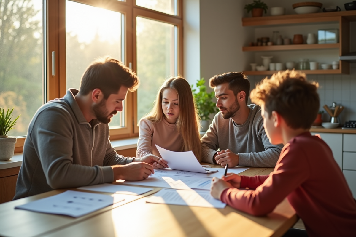 Famille moderne discutant à la cuisine en matinée