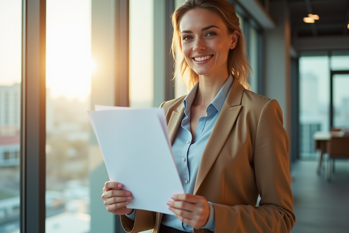 Femme d'affaires confiante tenant un document dans un bureau lumineux