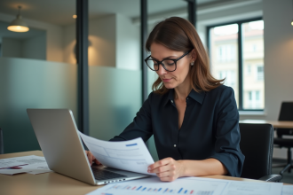 Femme d'affaires française travaillant sur une facture