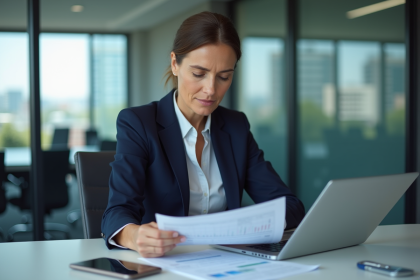Femme d'affaires en r&eacute;union avec rapports financiers