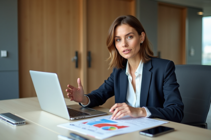 Femme d'affaires confiante pr&eacute;sentant une strat&eacute;gie hybride