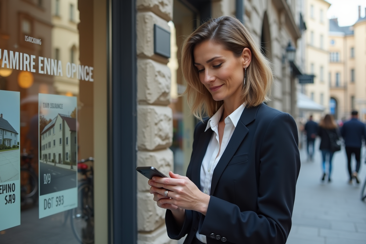 Femme professionnelle regardant son smartphone devant une agence immobiliere