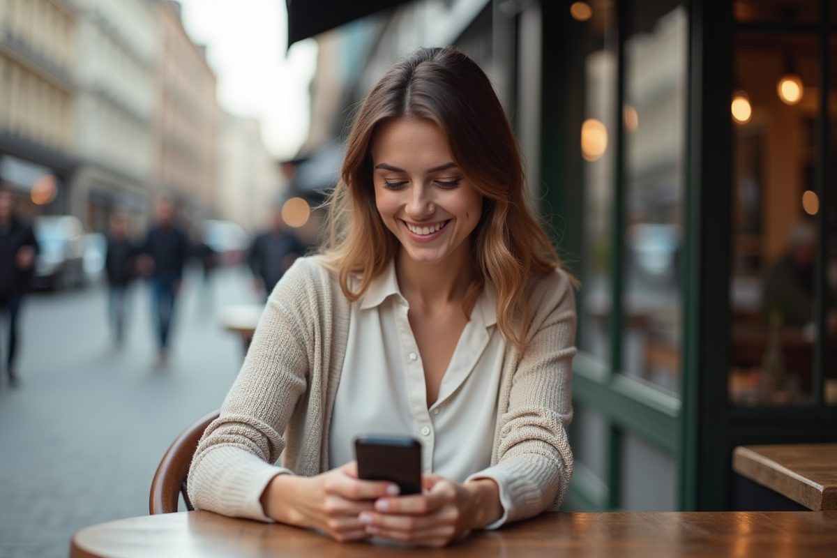 Jeune femme souriante vérifie une application bourse au café