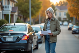 Femme d'âge moyen lisant documents d'assurance voiture