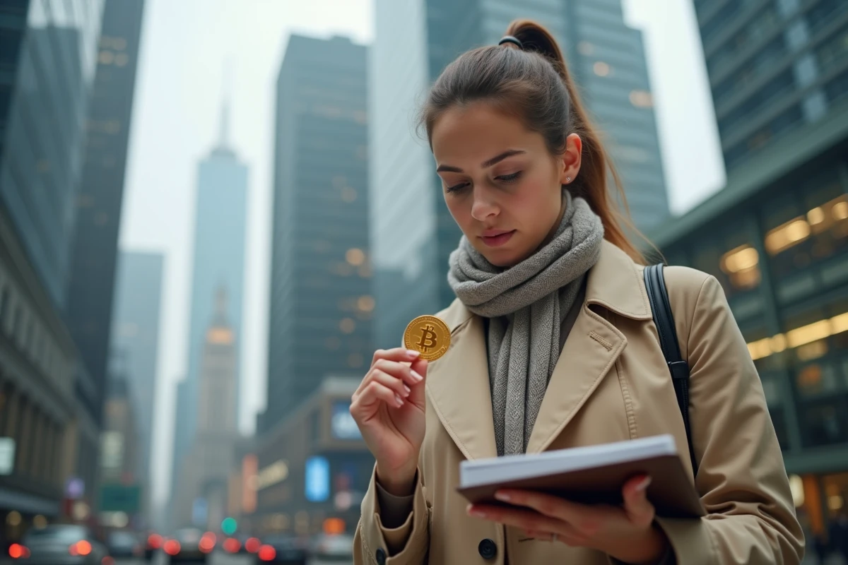 Jeune femme avec bitcoin dans un quartier financier urbain
