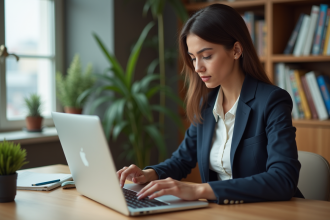 Jeune femme en bureau à domicile saisissant des dons sur son ordinateur