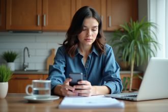 Femme assise à une table de cuisine avec ordinateur et smartphone