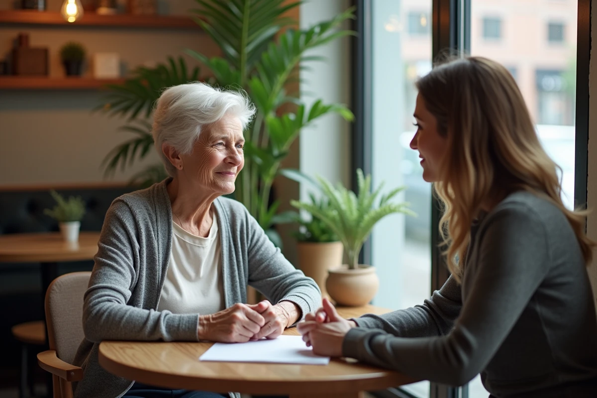 Femme âgée souriante discutant avec sa fille au café