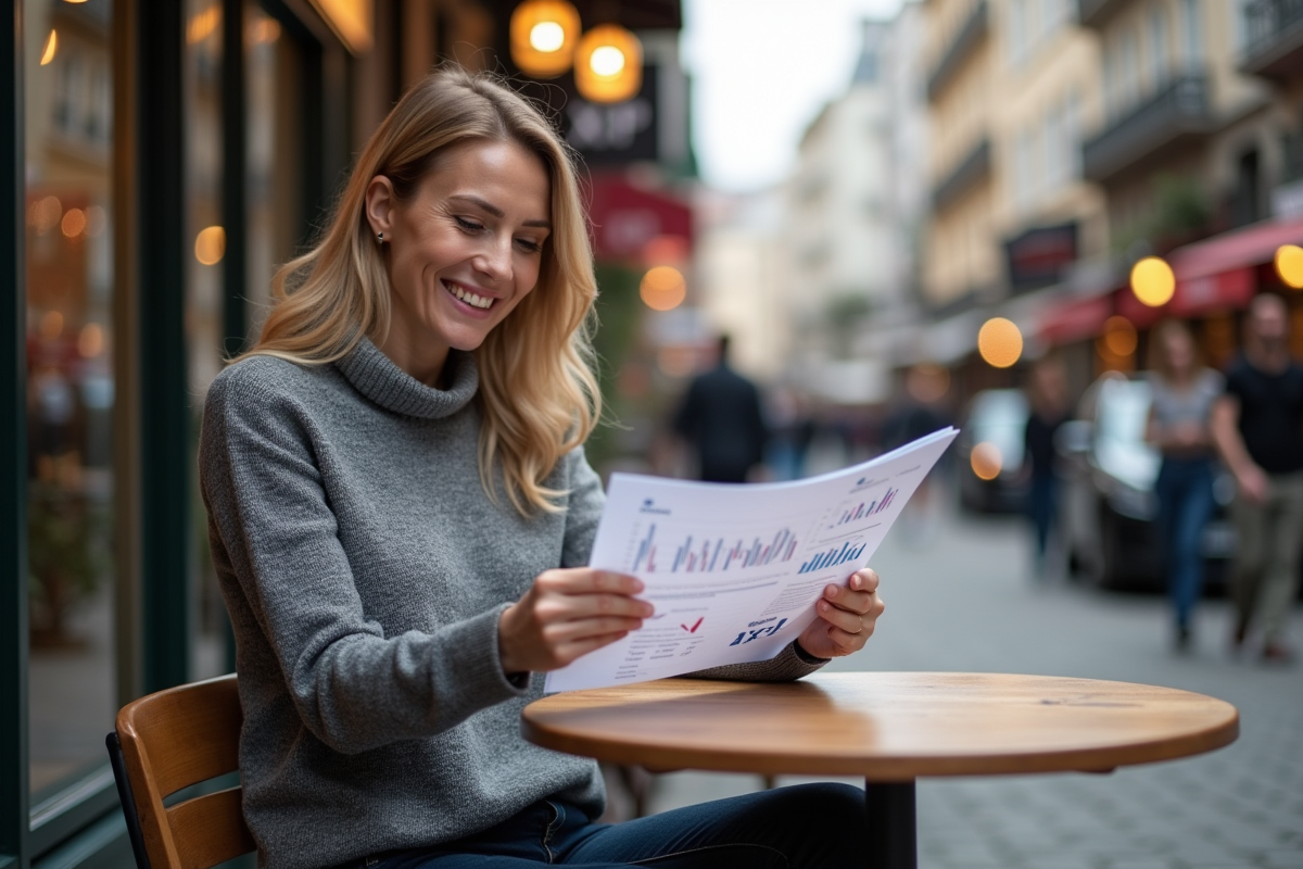 Femme détendue lisant un rapport financier avec XRP en extérieur