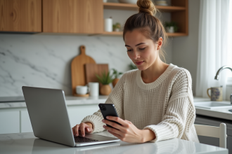 Jeune femme compare offres cashback sur son ordinateur