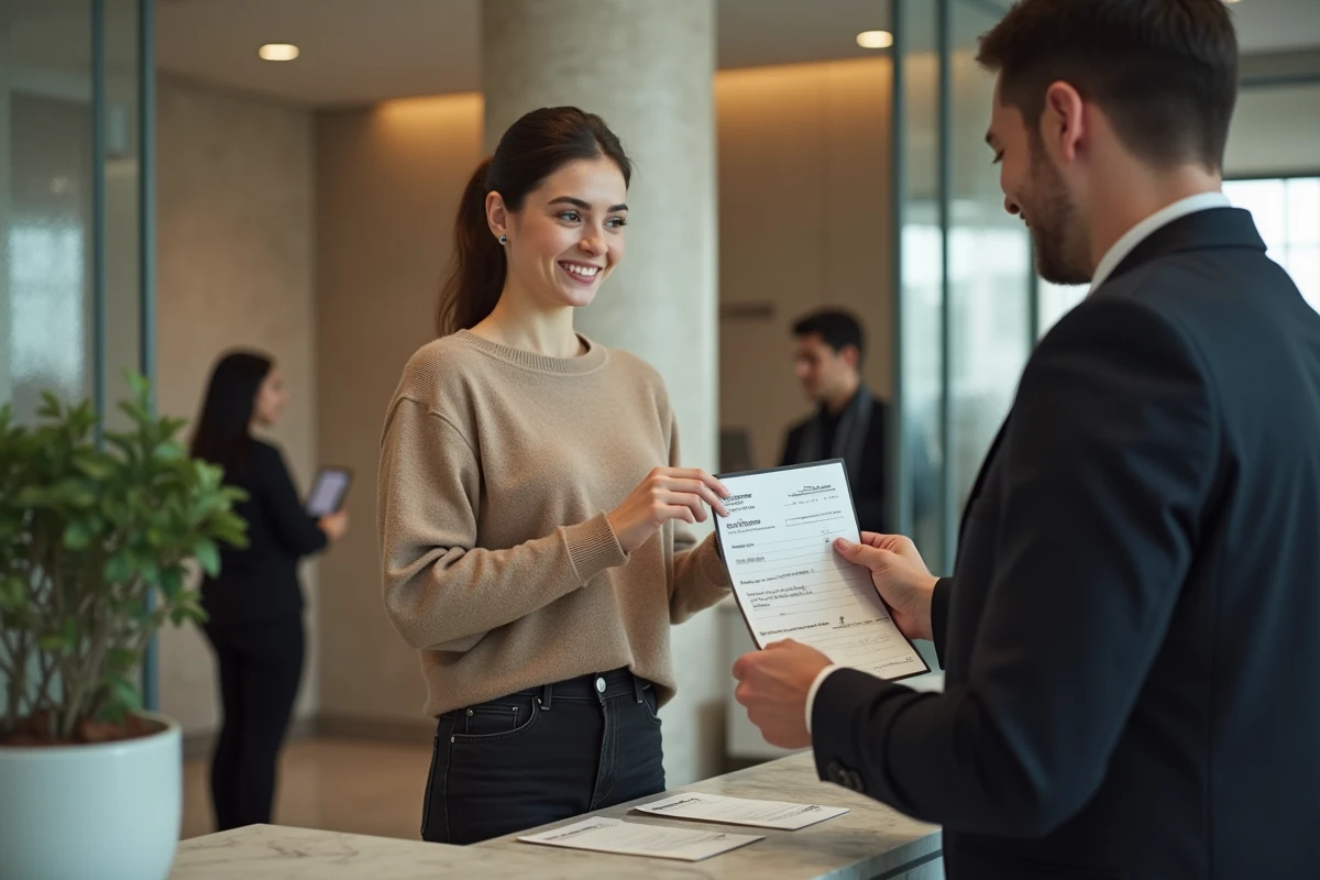Jeune femme au comptoir de banque tenant un chéquier en main
