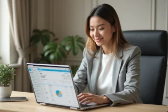 Femme professionnelle consultant son historique de compte bancaire en ligne sur un ordinateur portable via Logitelnet