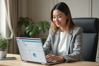 Femme professionnelle consultant son historique de compte bancaire en ligne sur un ordinateur portable via Logitelnet