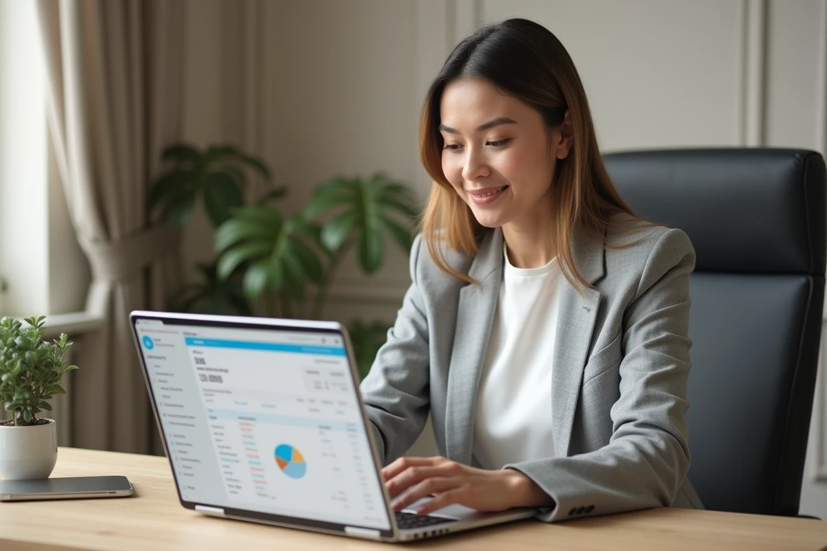 Femme professionnelle consultant son historique de compte bancaire en ligne sur un ordinateur portable via Logitelnet