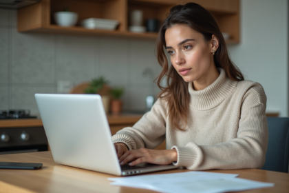Femme concentrée utilisant un ordinateur portable dans la cuisine
