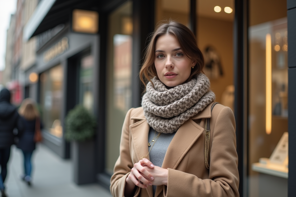 Jeune femme avec collier en or devant une boutique de joaillerie