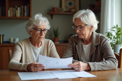 Femme &acirc;g&eacute;e discutant de papiers avec sa fille &agrave; la maison