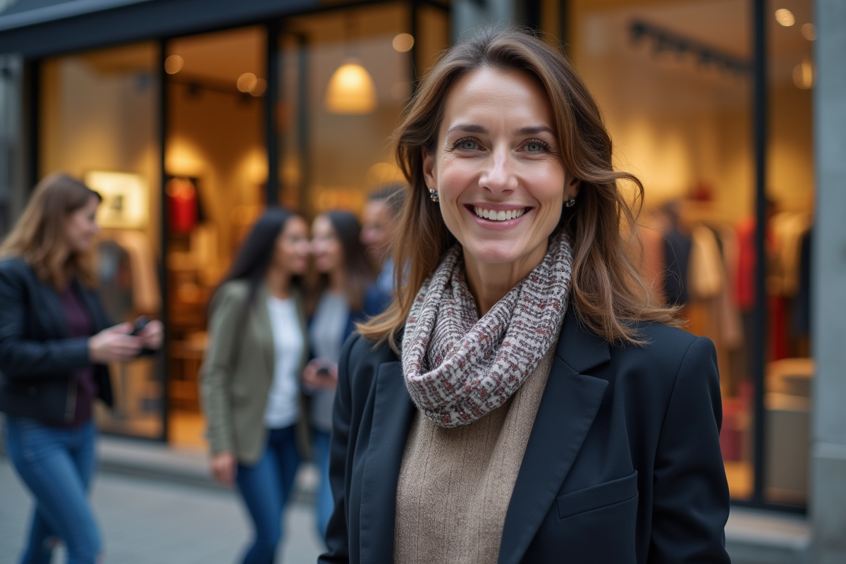 Femme entrepreneure accueillant des clients dans une boutique urbaine
