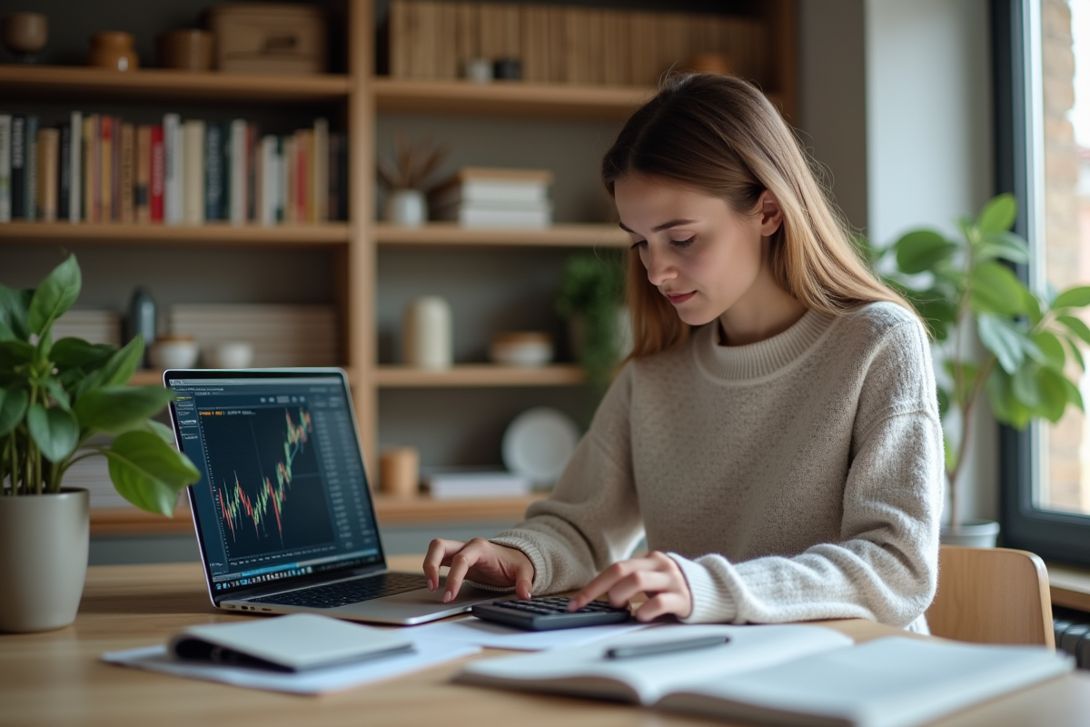 Jeune femme à la maison utilisant une calculatrice et un ordinateur