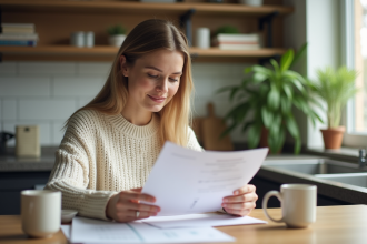 Femme d'âge moyen en tenue décontractée examine des documents financiers dans une cuisine lumineuse