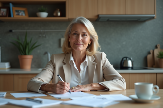 Femme d'âge moyen remplissant des formulaires dans une cuisine