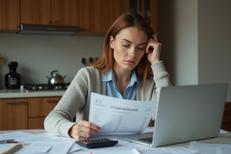 Femme en tenue professionnelle examine un relevé bancaire à la maison
