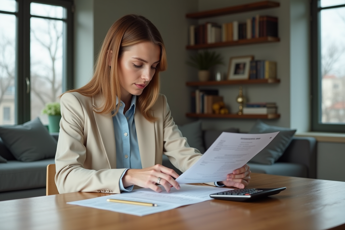 Femme en train de revoir des documents de mortgage dans un appartement lumineux
