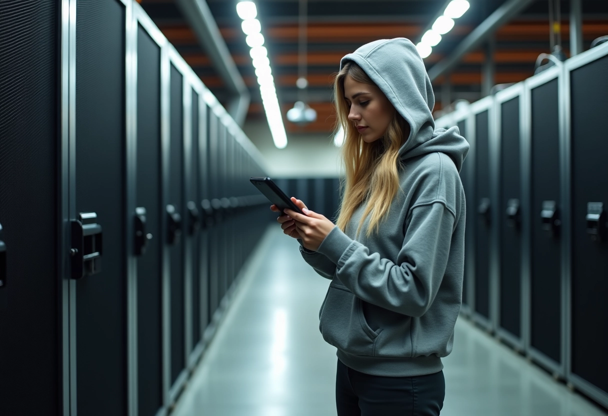 Femme inspectant un rig de minage bitcoin dans un entrepôt industriel