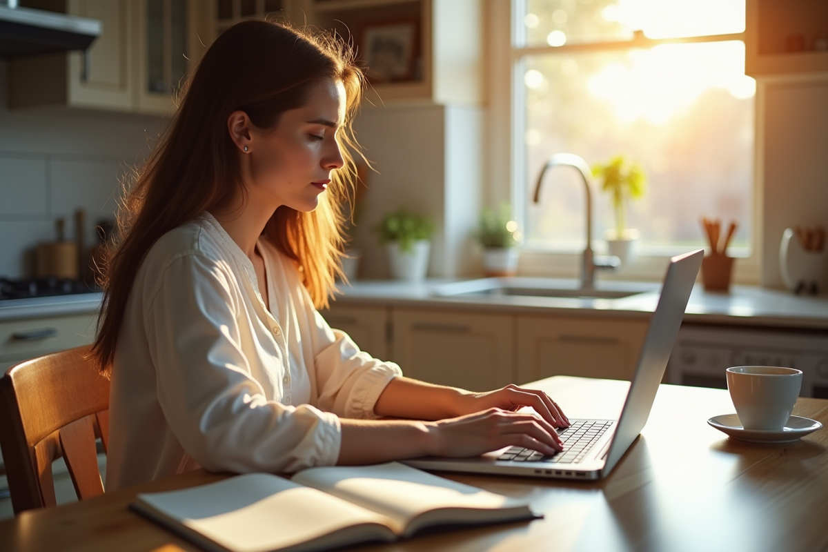 Jeune femme tapant sur un ordinateur portable dans une cuisine lumineuse