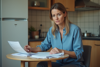 Femme en cuisine examinant des factures et documents
