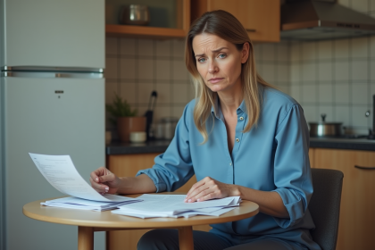 Femme en cuisine examinant des factures et documents