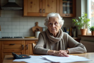 Femme âgée préoccupée à la cuisine avec documents