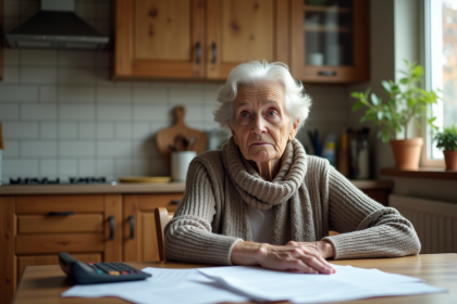 Femme &acirc;g&eacute;e pr&eacute;occup&eacute;e &agrave; la cuisine avec documents