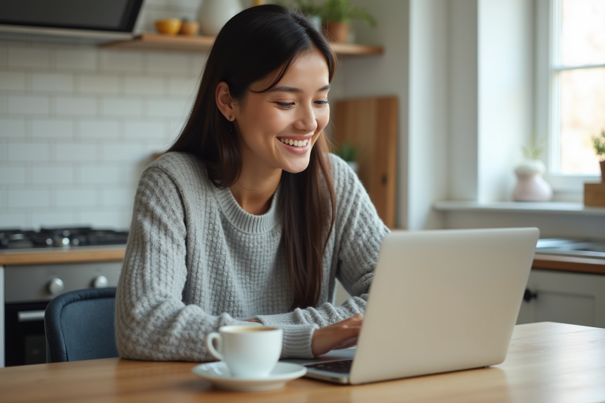 Jeune femme souriante utilisant son ordinateur à la maison