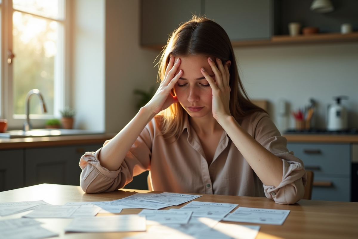 Jeune femme stressée à la cuisine avec factures