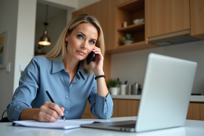 Femme professionnelle au téléphone dans une cuisine moderne