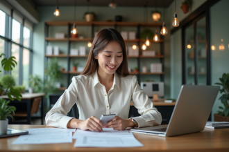 Jeune femme en bureau travaillant sur documents et ordinateur